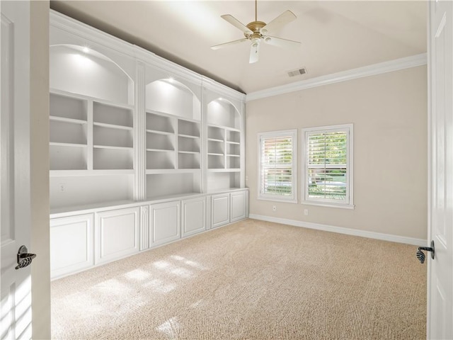 6660 N St Catherine Ct, Fresno, CA 93711 - spare room featuring ornamental molding, a ceiling fan, carpet floors, and built in features