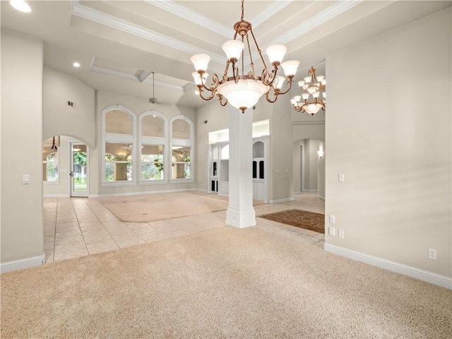 6660 N St Catherine Ct, Fresno, CA 93711 - carpeted empty room with arched walkways, a high ceiling, tile patterned flooring, recessed lighting, and a chandelier
