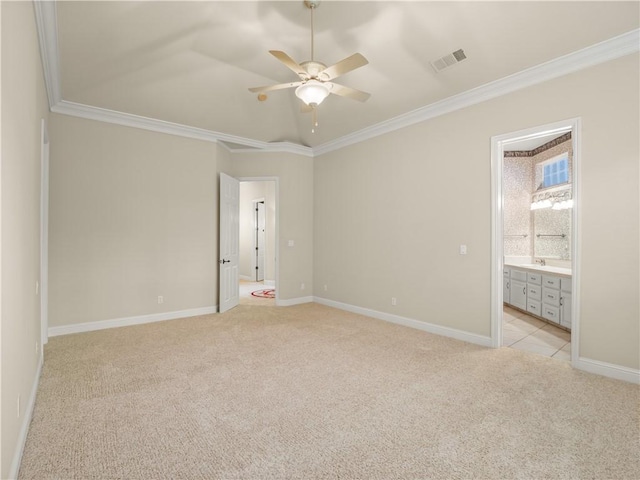 6660 N St Catherine Ct, Fresno, CA 93711 - unfurnished bedroom with crown molding, light colored carpet, ensuite bathroom, and a ceiling fan