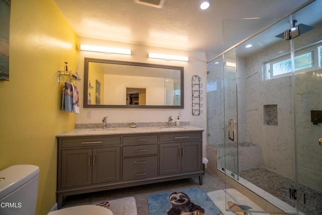 1742 Forar Cir, Camarillo, CA 93010 - bathroom with a shower stall, double vanity, and recessed lighting