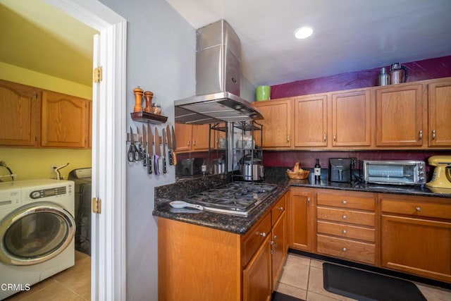 1742 Forar Cir, Camarillo, CA 93010 - kitchen featuring island exhaust hood, washer / dryer, stainless steel gas stovetop, and light tile patterned floors