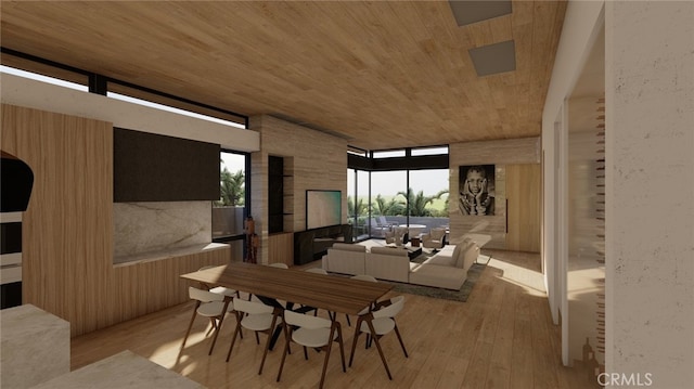 32512 Seven Seas Dr, Dana Point, CA 92629 - dining space featuring floor to ceiling windows, light wood-type flooring, and wooden ceiling