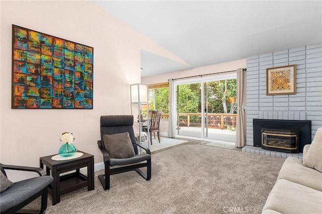 11 Tilden Ln, Chico, CA 95928 - living area with carpet flooring, vaulted ceiling, and a large fireplace