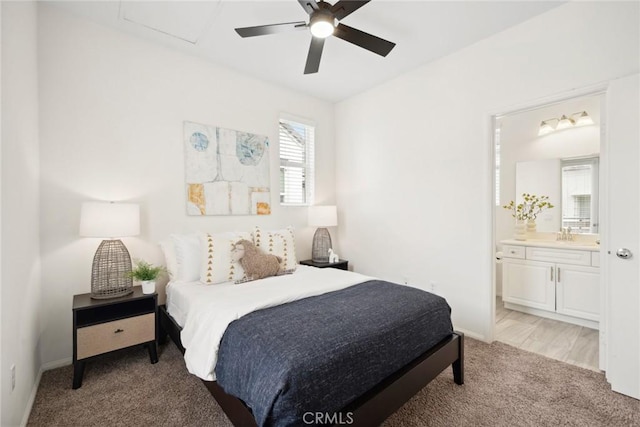 135 Acamar, Irvine, CA 92618 - bedroom featuring light colored carpet, connected bathroom, and a ceiling fan