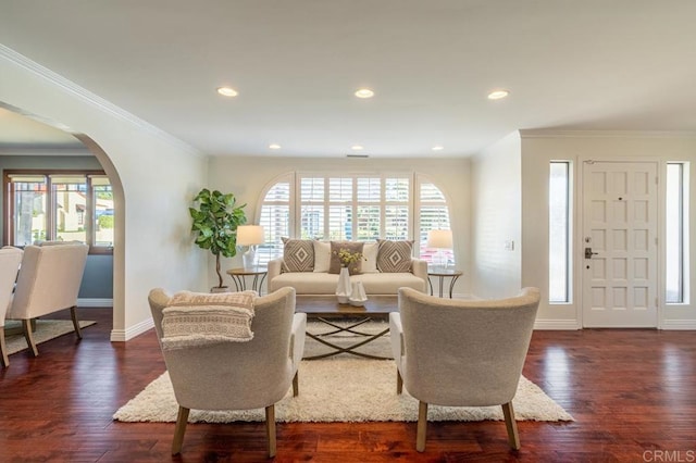 4280 Trias St, San Diego, CA 92103 - living room featuring arched walkways, dark wood finished floors, ornamental molding, and recessed lighting