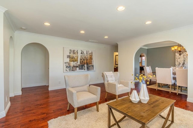 4280 Trias St, San Diego, CA 92103 - living area with arched walkways, wood finished floors, ornamental molding, and recessed lighting