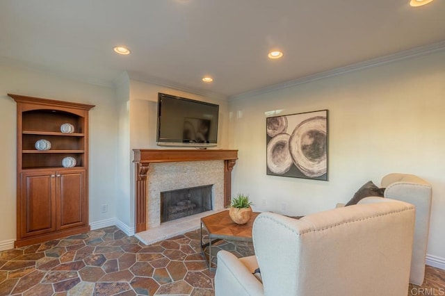 4280 Trias St, San Diego, CA 92103 - living area featuring ornamental molding, recessed lighting, and a fireplace with raised hearth