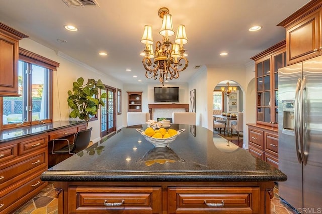 4280 Trias St, San Diego, CA 92103 - kitchen with stainless steel refrigerator with ice dispenser, a chandelier, recessed lighting, ornamental molding, and glass insert cabinets