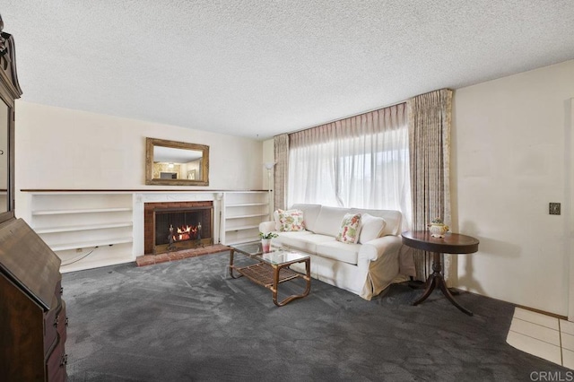 1113 Camino Del Sol Cir, Carlsbad, CA 92008 - living area with carpet flooring, a fireplace, and a textured ceiling