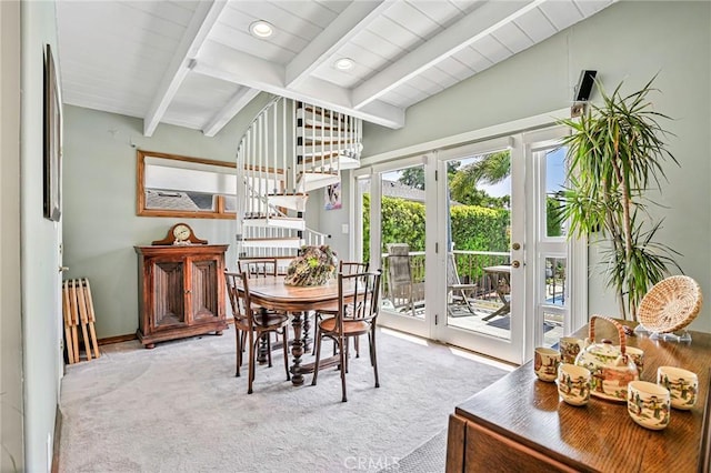 1440 8th St, Manhattan Beach, CA 90266 - carpeted dining space featuring beam ceiling and stairs