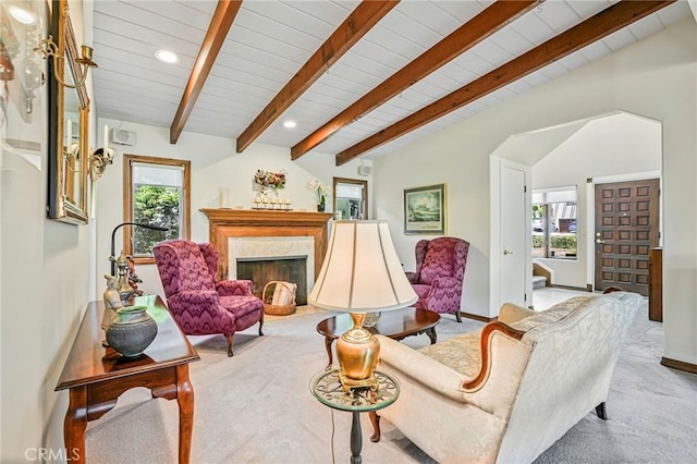 1440 8th St, Manhattan Beach, CA 90266 - living room featuring healthy amount of natural light, carpet flooring, recessed lighting, wooden ceiling, and a high end fireplace