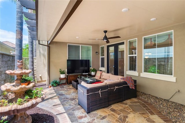 3820 Bidwell Dr, Yorba Linda, CA 92886 - view of patio featuring an outdoor hangout area, ceiling fan, and french doors