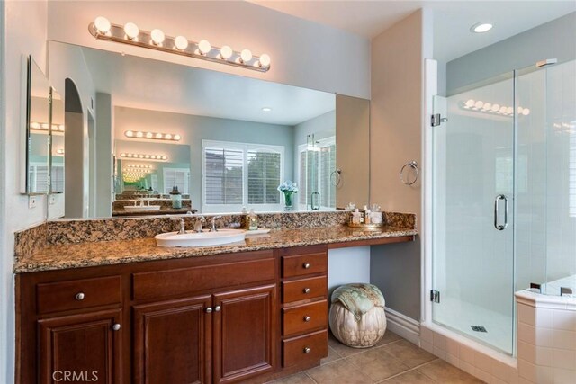 3820 Bidwell Dr, Yorba Linda, CA 92886 - full bathroom featuring tile patterned flooring, a shower stall, and vanity