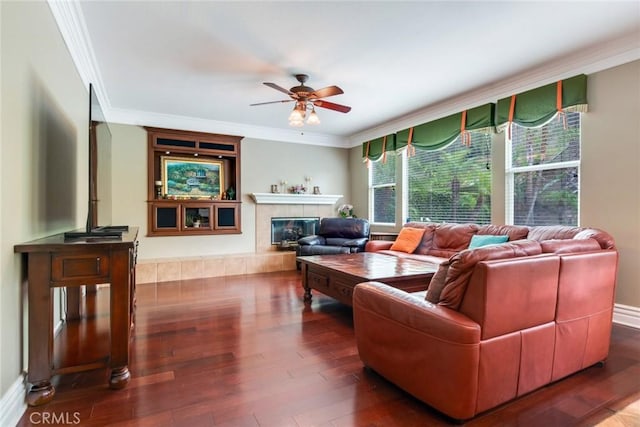 3820 Bidwell Dr, Yorba Linda, CA 92886 - living room with a ceiling fan, ornamental molding, wood finished floors, and a tile fireplace