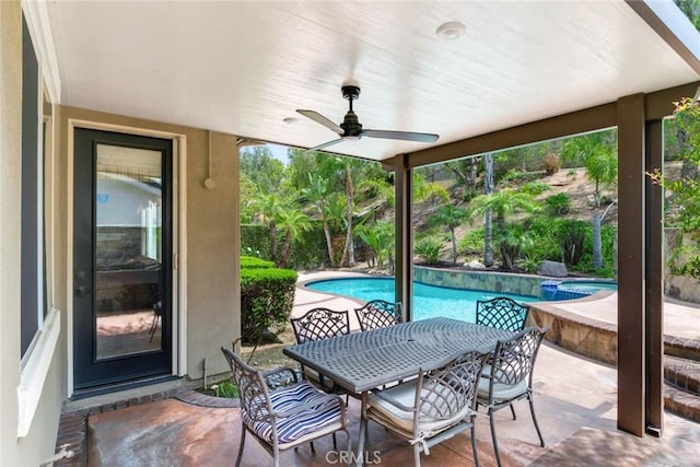 3820 Bidwell Dr, Yorba Linda, CA 92886 - view of patio / terrace featuring a ceiling fan, outdoor dining space, and an outdoor pool