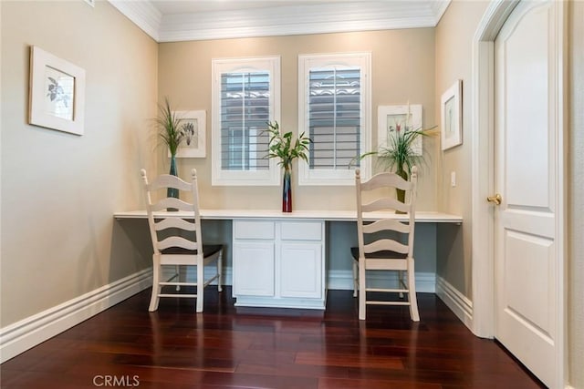 3820 Bidwell Dr, Yorba Linda, CA 92886 - home office with built in study area, dark wood-type flooring, and crown molding