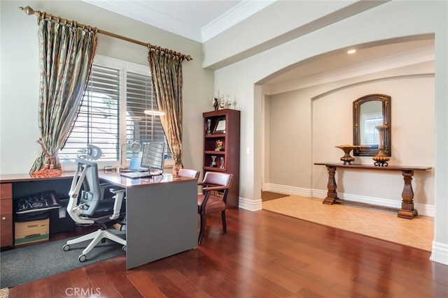 3820 Bidwell Dr, Yorba Linda, CA 92886 - office space featuring arched walkways, wood finished floors, and ornamental molding