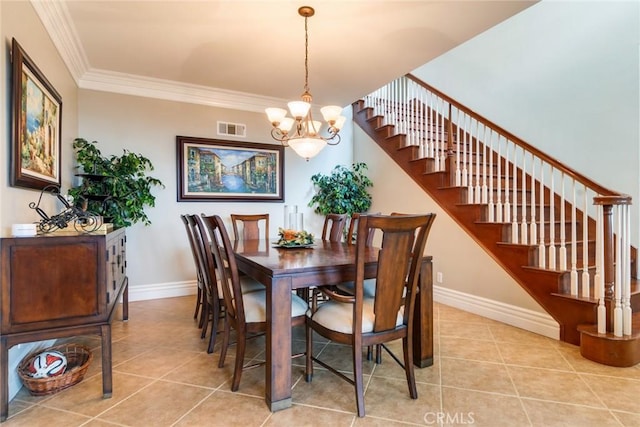 3820 Bidwell Dr, Yorba Linda, CA 92886 - dining area featuring light tile patterned flooring, a chandelier, stairs, and ornamental molding
