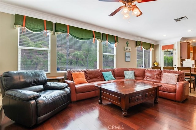 3820 Bidwell Dr, Yorba Linda, CA 92886 - living room with ceiling fan, wood finished floors, ornamental molding, and recessed lighting