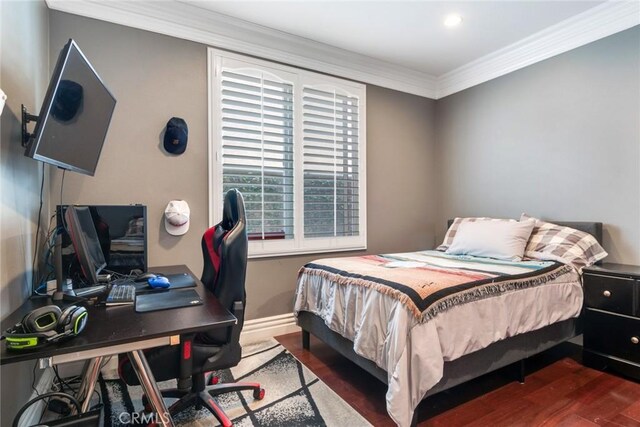 3820 Bidwell Dr, Yorba Linda, CA 92886 - bedroom with wood finished floors, crown molding, and an office area