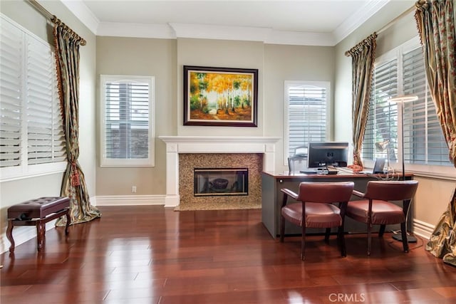 3820 Bidwell Dr, Yorba Linda, CA 92886 - living area with wood finished floors, crown molding, a desk, and a fireplace