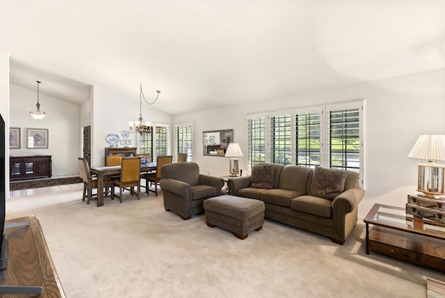 2221 Cortina Cir, Escondido, CA 92029 - living area with light carpet, a chandelier, and vaulted ceiling