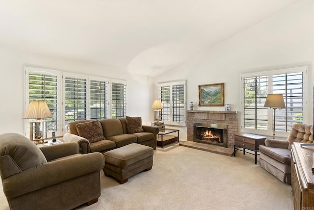 2221 Cortina Cir, Escondido, CA 92029 - carpeted living area with a brick fireplace and lofted ceiling