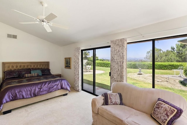 2221 Cortina Cir, Escondido, CA 92029 - bedroom featuring access to exterior, vaulted ceiling, carpet floors, and ceiling fan