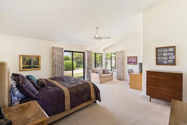2221 Cortina Cir, Escondido, CA 92029 - bedroom with carpet, lofted ceiling, access to exterior, and ceiling fan