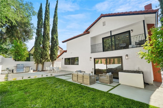4016 Old Topanga Canyon Rd, Calabasas, CA 91302 - rear view of property with stucco siding, an outdoor hangout area, a patio area, a balcony, and a chimney