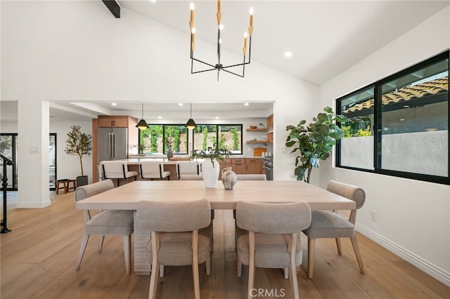4016 Old Topanga Canyon Rd, Calabasas, CA 91302 - dining space with light wood-type flooring, recessed lighting, high vaulted ceiling, and a chandelier
