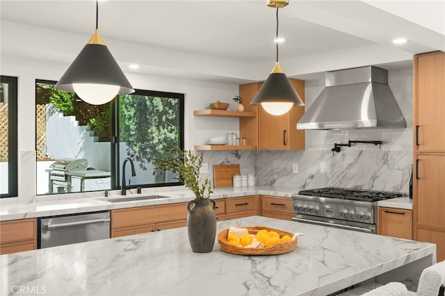 4016 Old Topanga Canyon Rd, Calabasas, CA 91302 - kitchen with wall chimney range hood, appliances with stainless steel finishes, backsplash, light stone counters, and recessed lighting
