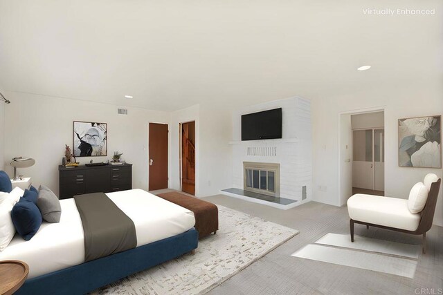 5884 Redondo Dr, Bonsall, CA 92003 - carpeted bedroom with recessed lighting and a glass covered fireplace