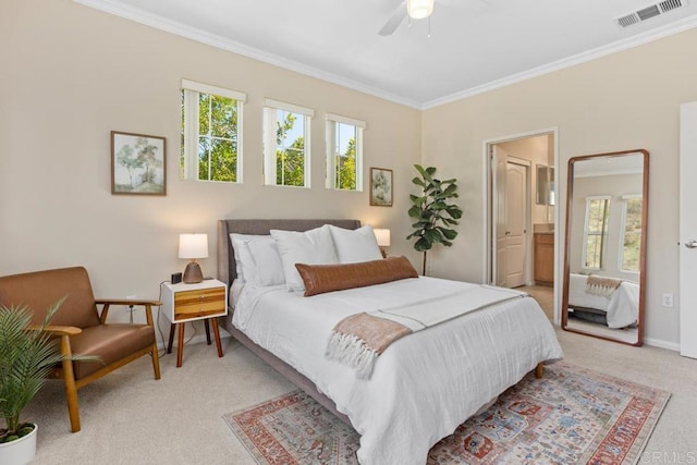 12737 Savannah Creek Dr Unit 280, San Diego, CA 92128 - bedroom with multiple windows, crown molding, light carpet, ceiling fan, and ensuite bath