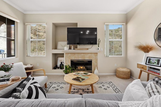 12737 Savannah Creek Dr Unit 280, San Diego, CA 92128 - carpeted living area with ornamental molding and a fireplace