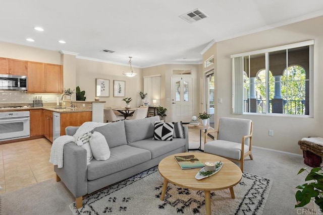 12737 Savannah Creek Dr Unit 280, San Diego, CA 92128 - living area featuring recessed lighting, crown molding, and light colored carpet