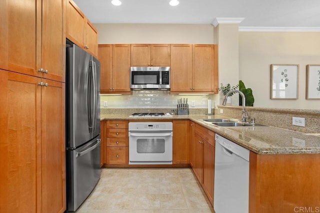 12737 Savannah Creek Dr Unit 280, San Diego, CA 92128 - kitchen featuring white appliances, ornamental molding, a peninsula, light stone counters, and tasteful backsplash