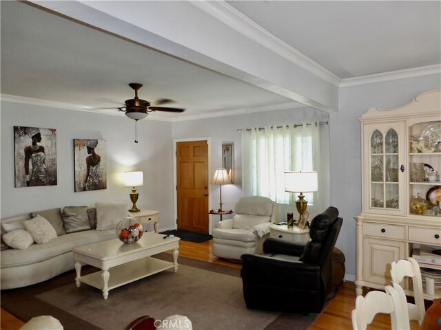 7106 Elmwood Rd, San Bernardino, CA 92404 - living area featuring ornamental molding, wood finished floors, and ceiling fan