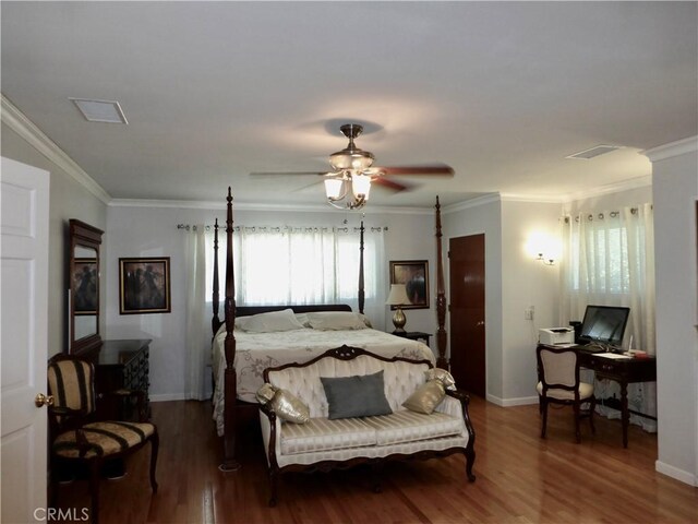 7106 Elmwood Rd, San Bernardino, CA 92404 - bedroom with wood finished floors, ornamental molding, a desk, and ceiling fan