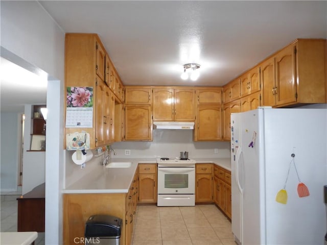 7106 Elmwood Rd, San Bernardino, CA 92404 - kitchen featuring white appliances, under cabinet range hood, light tile patterned flooring, and light countertops