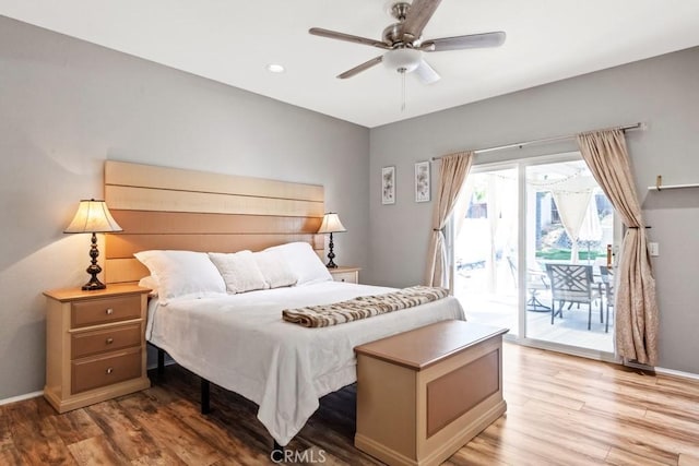 33180 Camino Piedra Rojo, Temecula, CA 92592 - bedroom featuring access to outside, light wood-style floors, recessed lighting, and ceiling fan