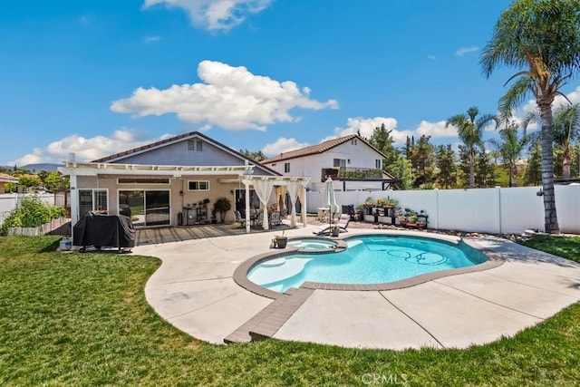 33180 Camino Piedra Rojo, Temecula, CA 92592 - view of pool with a patio area, a fenced backyard, a grill, and a pool with connected hot tub