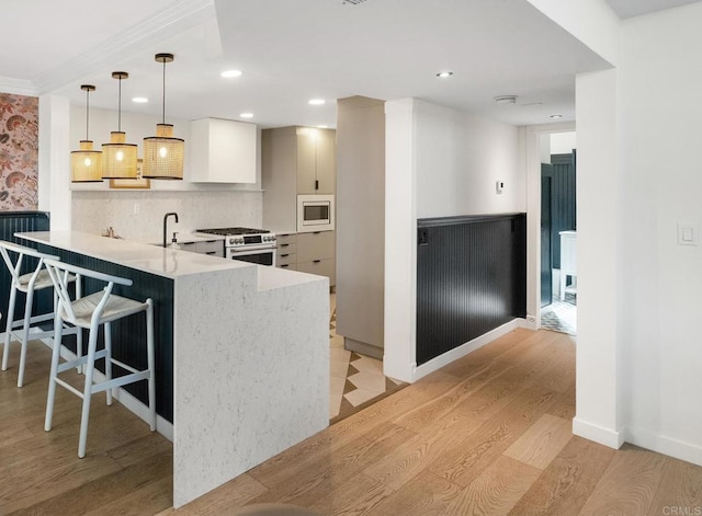 750 Breeze Hill Rd Unit 112, Vista, CA 92081 - kitchen with built in microwave, high end range, light wood finished floors, a peninsula, and a breakfast bar