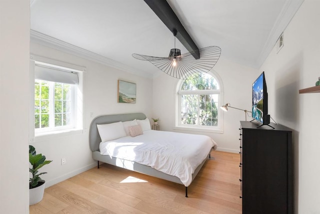 750 Breeze Hill Rd Unit 112, Vista, CA 92081 - bedroom with ornamental molding, beam ceiling, light wood finished floors, and a ceiling fan