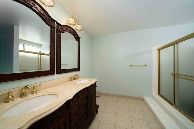 2527 Gibbons St, El Cajon, CA 92020 - full bath with a shower with shower door, double vanity, and tile patterned flooring