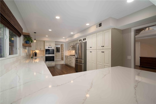 2527 Gibbons St, El Cajon, CA 92020 - kitchen featuring stainless steel appliances, recessed lighting, light stone counters, decorative backsplash, and decorative light fixtures