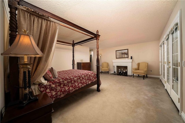 2527 Gibbons St, El Cajon, CA 92020 - bedroom featuring carpet floors, french doors, a brick fireplace, a textured ceiling, and access to exterior