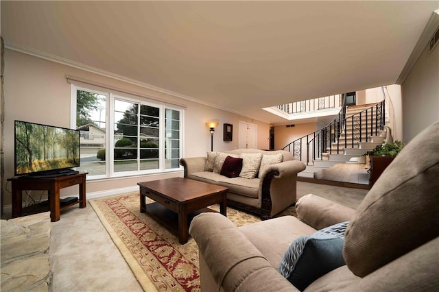 2527 Gibbons St, El Cajon, CA 92020 - living room featuring ornamental molding, stairway, and light carpet