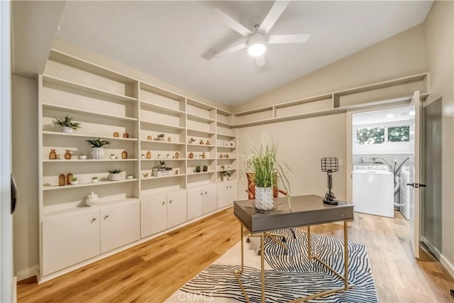 73466 Salt, Cedar, Palm Desert, CA 92260 - home office featuring washer / clothes dryer, light wood-style flooring, vaulted ceiling, and ceiling fan