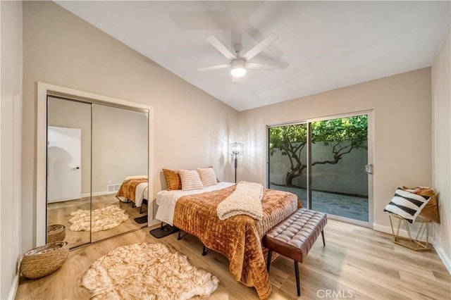 73466 Salt, Cedar, Palm Desert, CA 92260 - bedroom with vaulted ceiling, access to outside, light wood finished floors, and ceiling fan